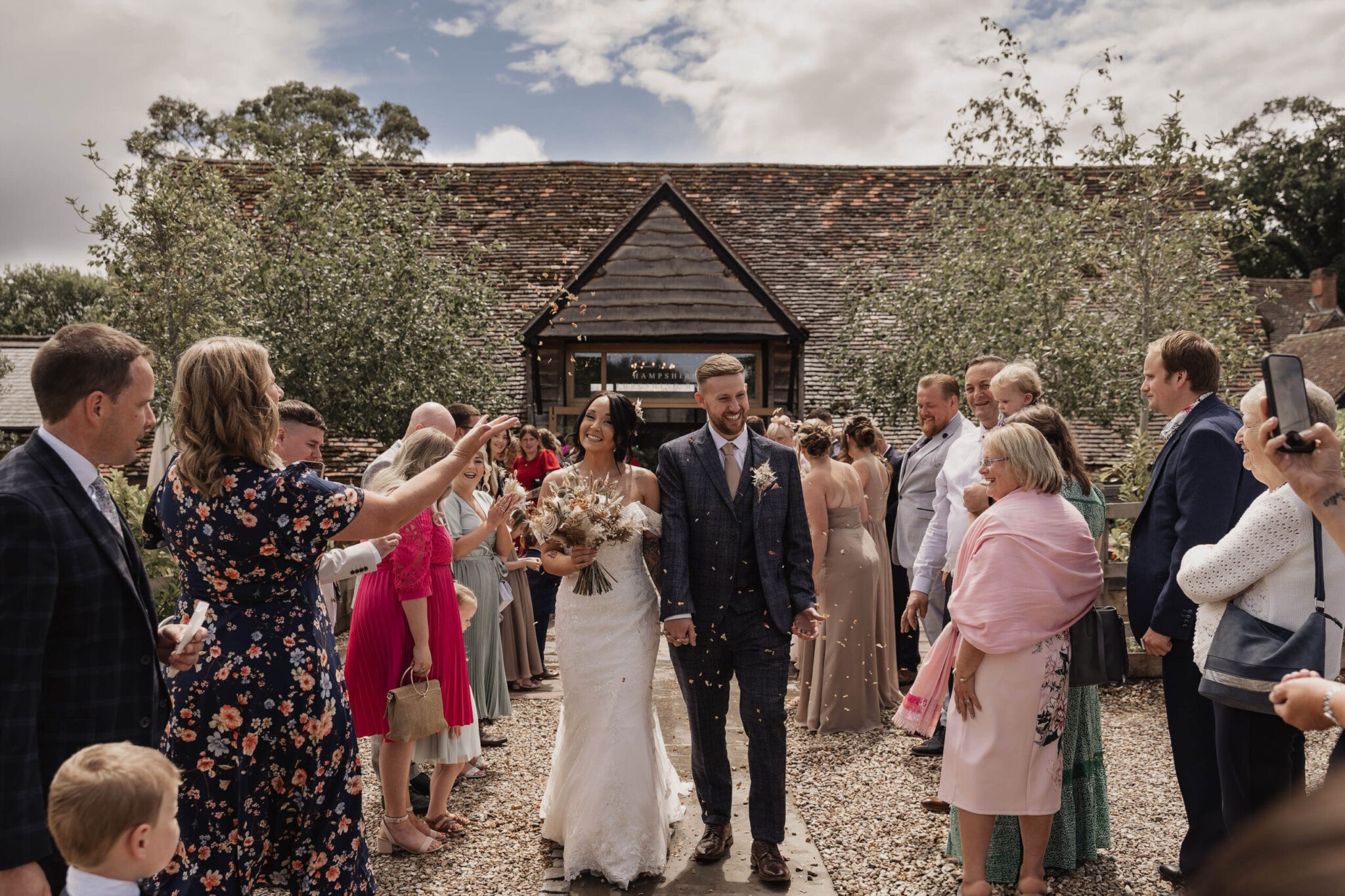 recently married, bride, groom, silchester farm, rustic wedding venue